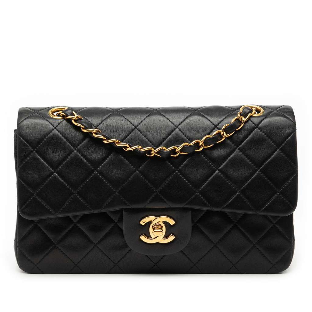 Chanel Small Classic Lambskin Double Flap Black Leather Good - Front View