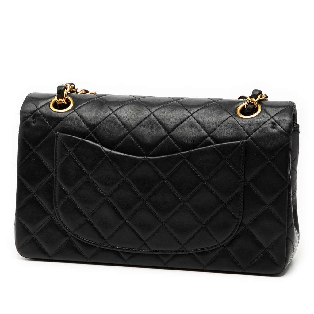 Chanel Small Classic Lambskin Double Flap Black Leather Good - Back View