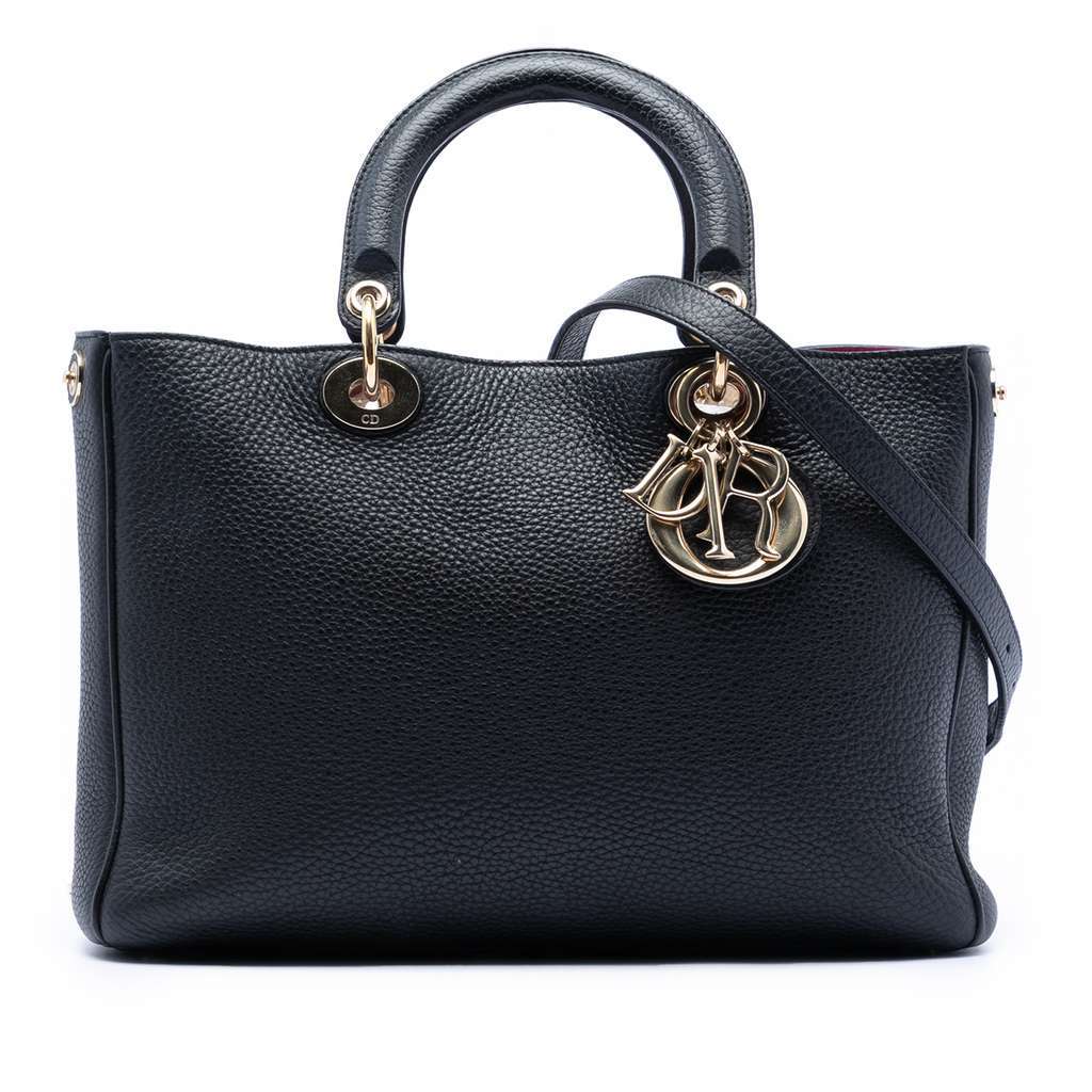Dior Medium Pebbled Calfskin Diorissimo Satchel Black Leather Good - Front View