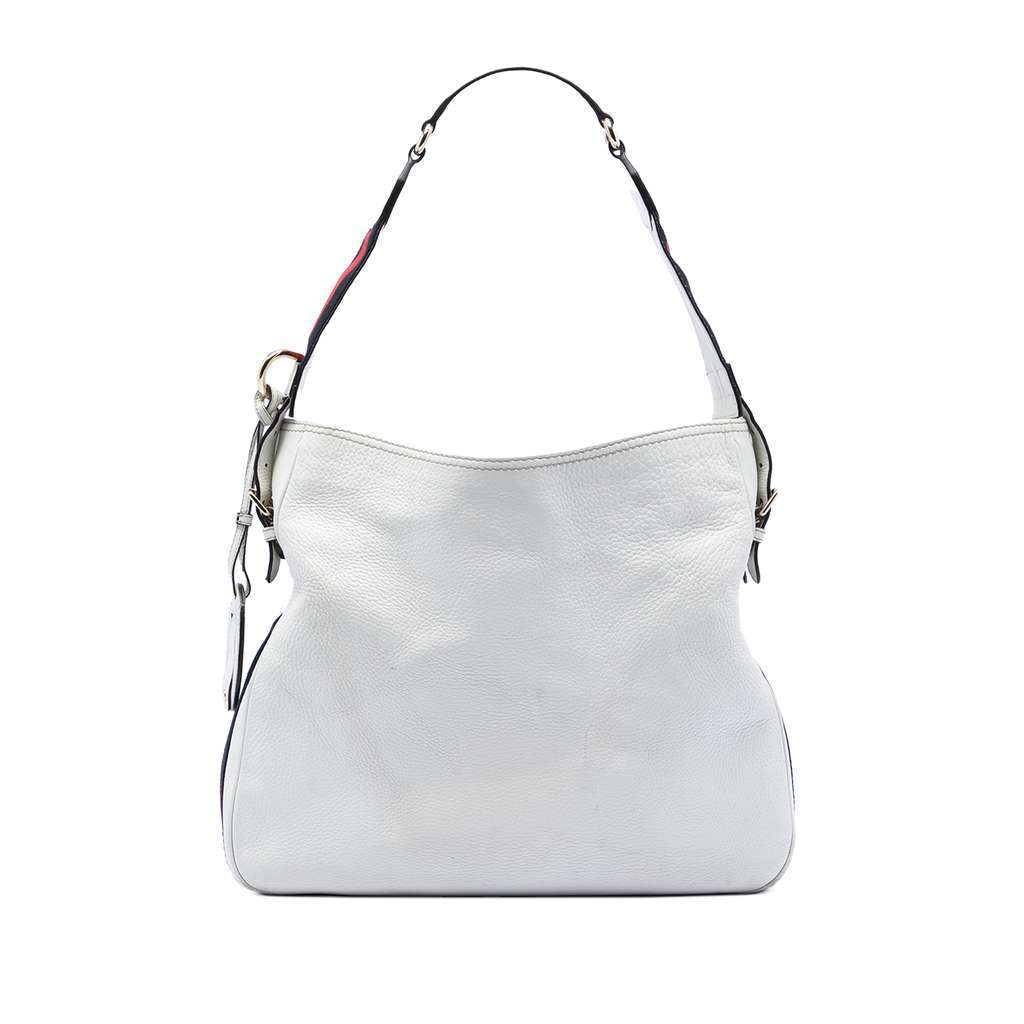 Gucci Medium Pebbled Calfskin Web Heritage Shoulder Bag White Leather Very good condition - Front View