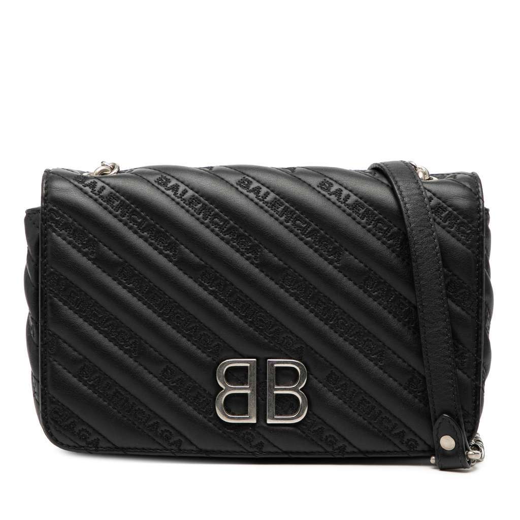 Balenciaga Embossed Leather Allover Logo BB Wallet on Chain Black Leather Very good - Front View