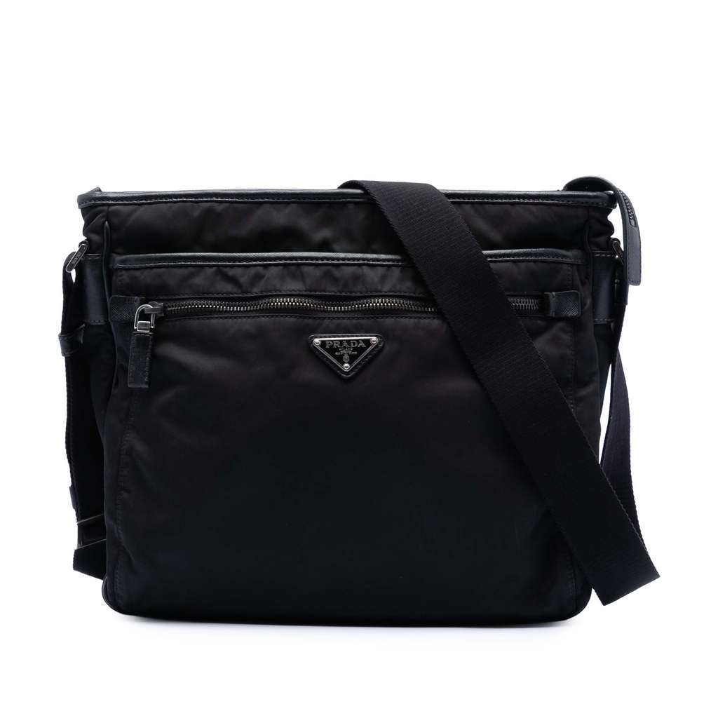 Prada Saffiano Trimmed Tessuto Zip Top Crossbody Black Fair - Front View