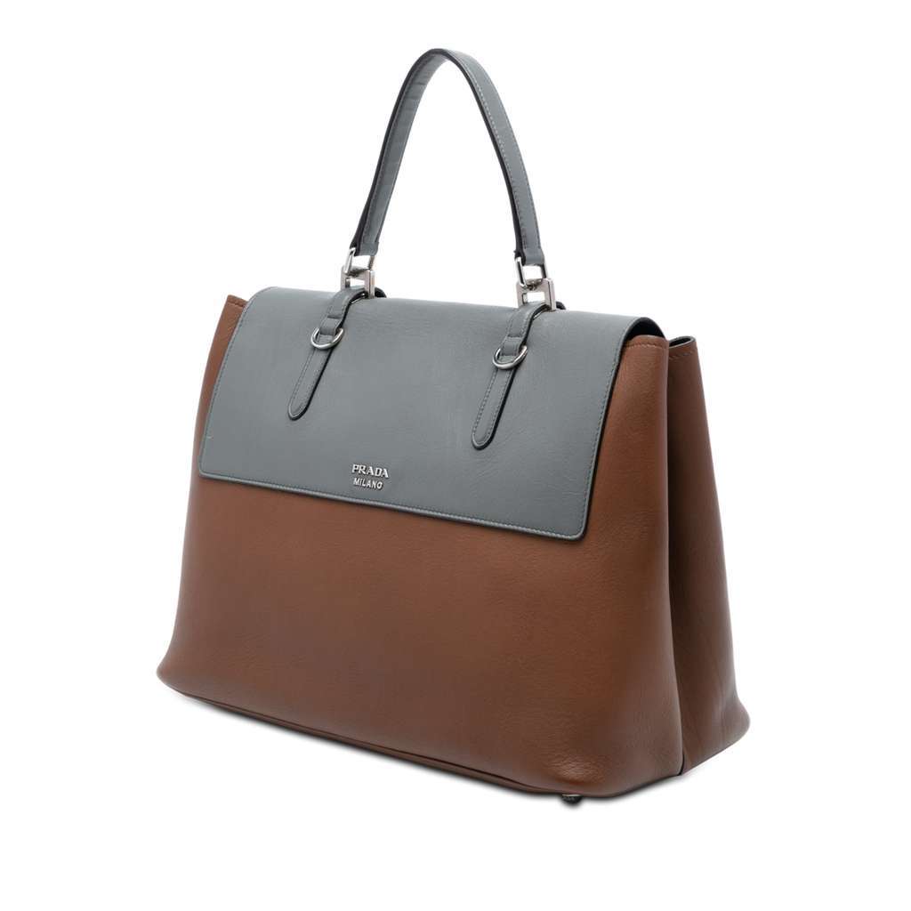 Prada Large Bicolor City Calf Double Flap Satchel Brown Leather Very good condition - Back View