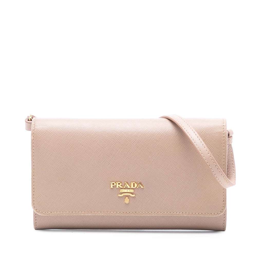Prada Saffiano Wallet on Strap Brown Leather Very good condition - Front View