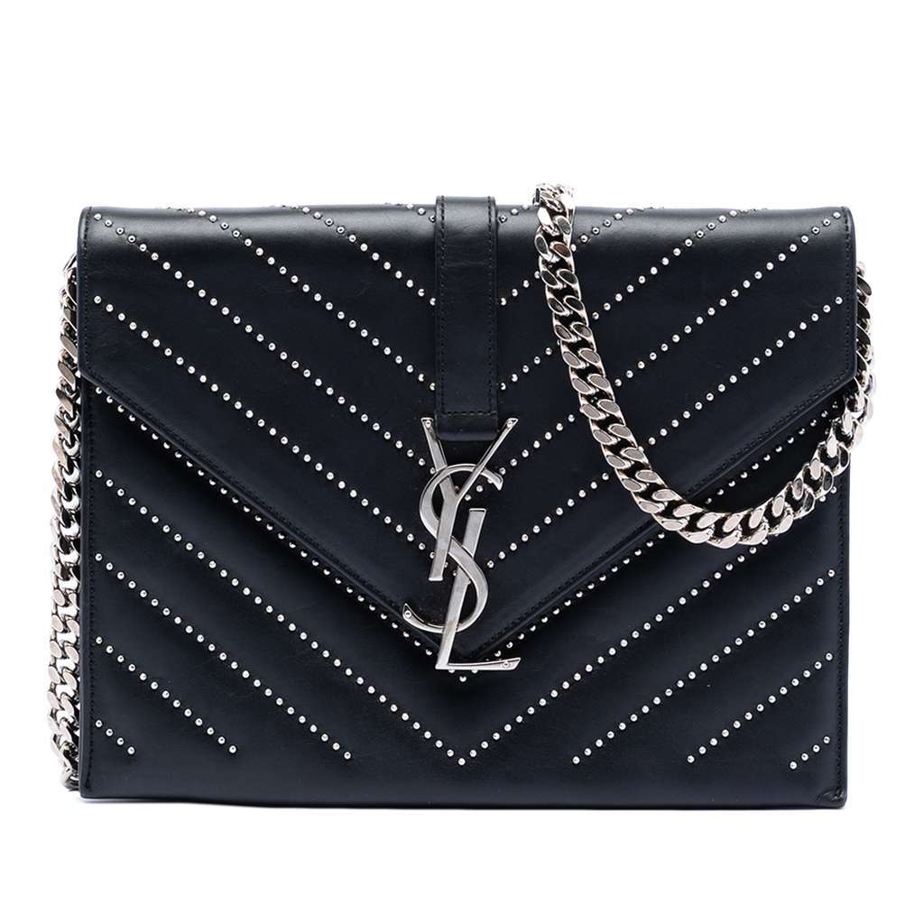 Saint Laurent Studded Chevron Calfskin Monogram Envelope Chain Flap Black Leather Very good - Front View