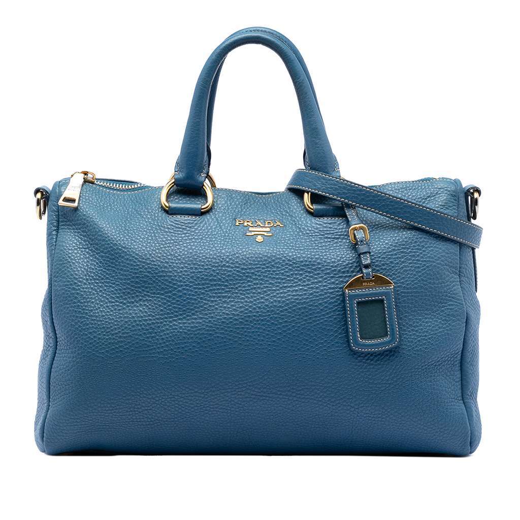 Prada Vitello Daino Zip Top Satchel Blue Leather Very good - Front View