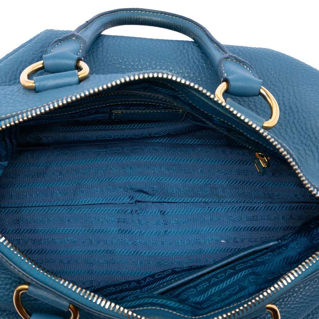 Prada Vitello Daino Zip Top Satchel Blue Leather Very good - Model View