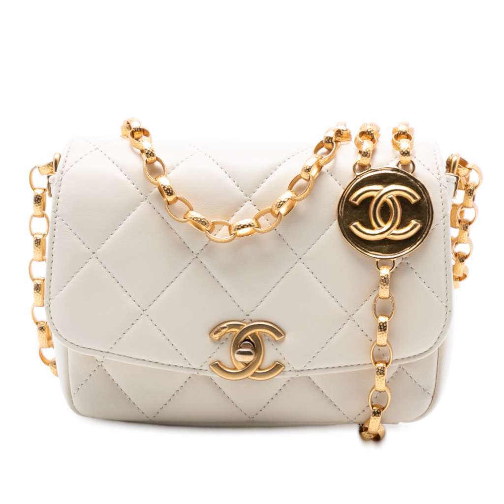 Chanel Small Quilted Lambskin CC Coin Flap White Leather Good - Front View