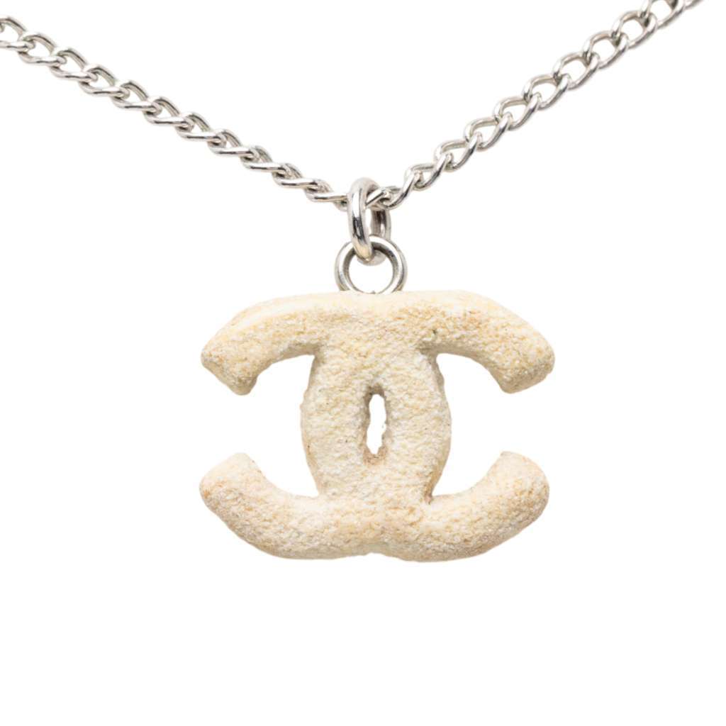 Chanel Silver Plated Textured CC Pendant Necklace Silver Metal Very good - Back View