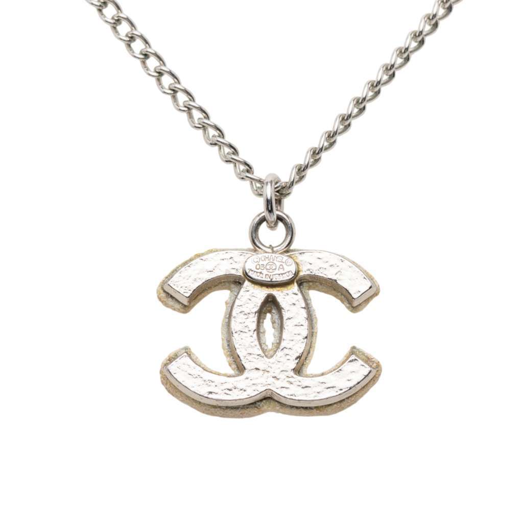 Chanel Silver Plated Textured CC Pendant Necklace Silver Metal Very good - Inside View
