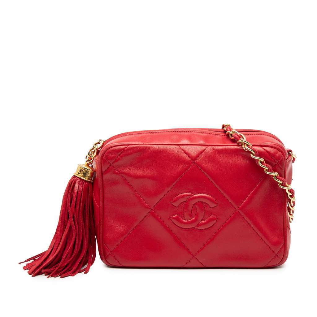 Chanel CC Quilted Lambskin Tassel Camera Bag Red Leather Good - Front View