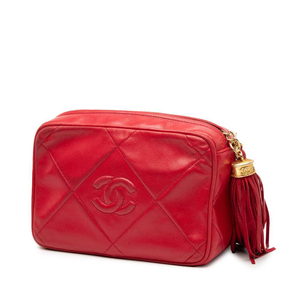 Chanel CC Quilted Lambskin Tassel Camera Bag Red Leather Good - Back View