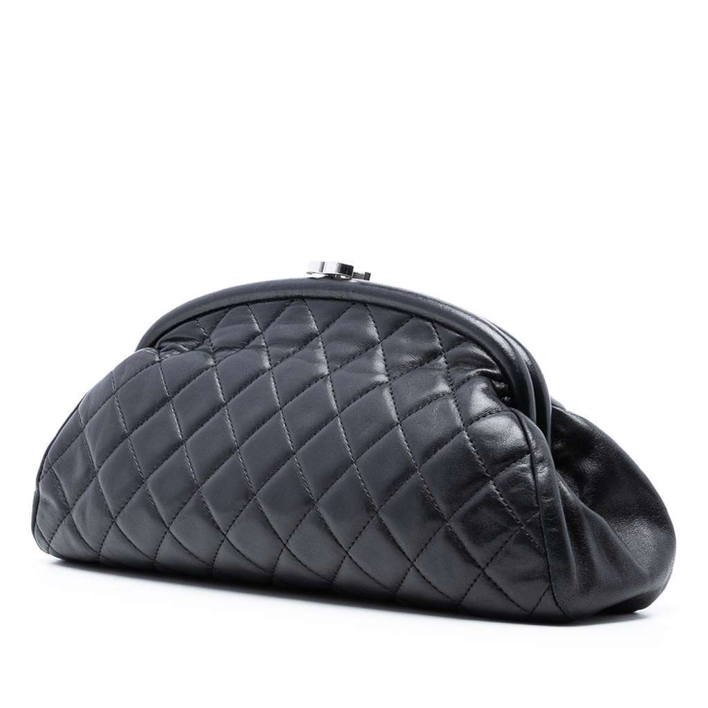 Chanel Quilted Lambskin Timeless Kisslock Clutch Black Leather Good condition - Back View