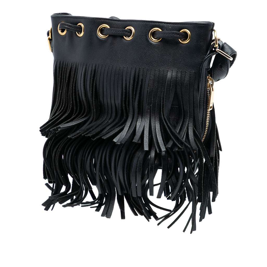 Saint Laurent Small Calfskin Emmanuelle Fringe Bucket Bag Black Leather Very good - Back View