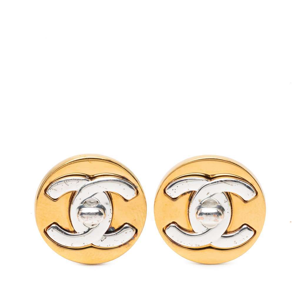 Chanel CC Gold Plated Turn Lock Round Clip On Earrings Gold Metal Good condition - Front View