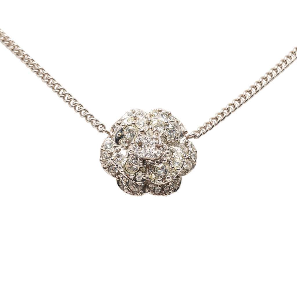 Chanel CC Silver Plated Rhinestones Camellia Pendant Necklace Silver Metal Good - Back View