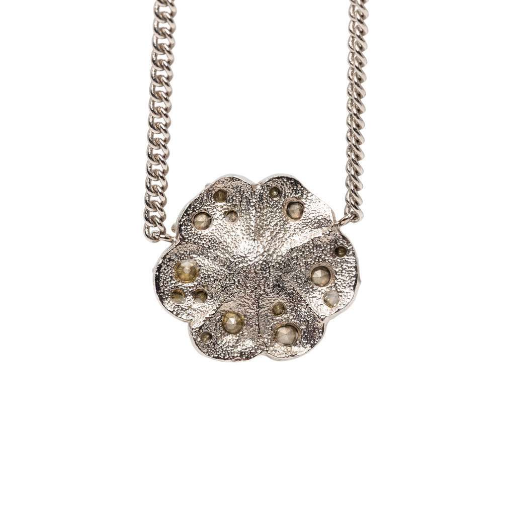 Chanel CC Silver Plated Rhinestones Camellia Pendant Necklace Silver Metal Good - Inside View
