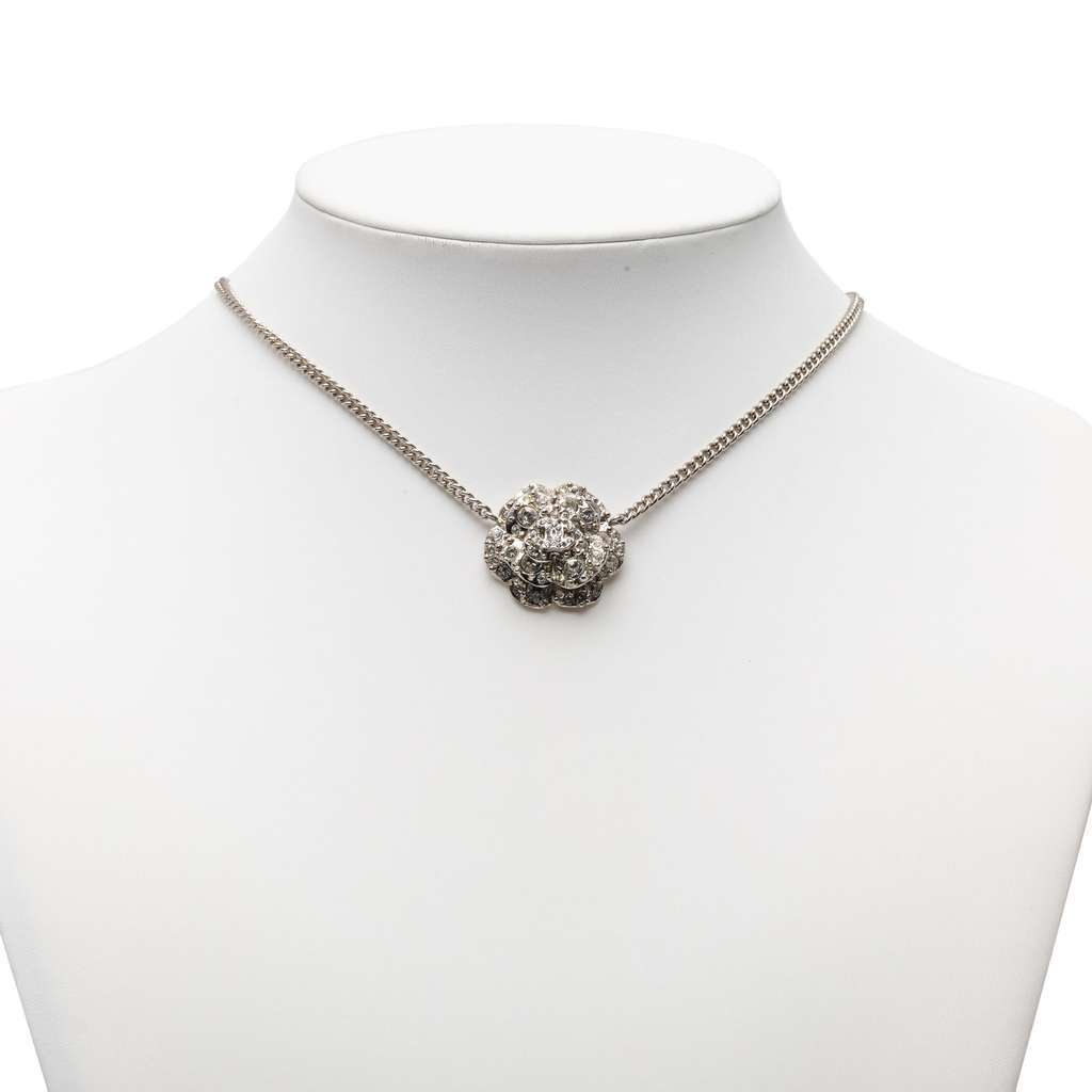Chanel CC Silver Plated Rhinestones Camellia Pendant Necklace Silver Metal Good - Box View
