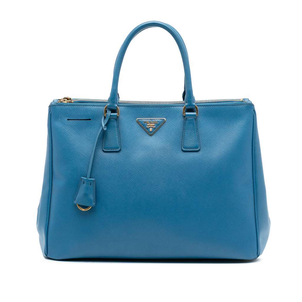 Prada Large Saffiano Lux Galleria Double Zip Tote Blue Leather Good - Front View