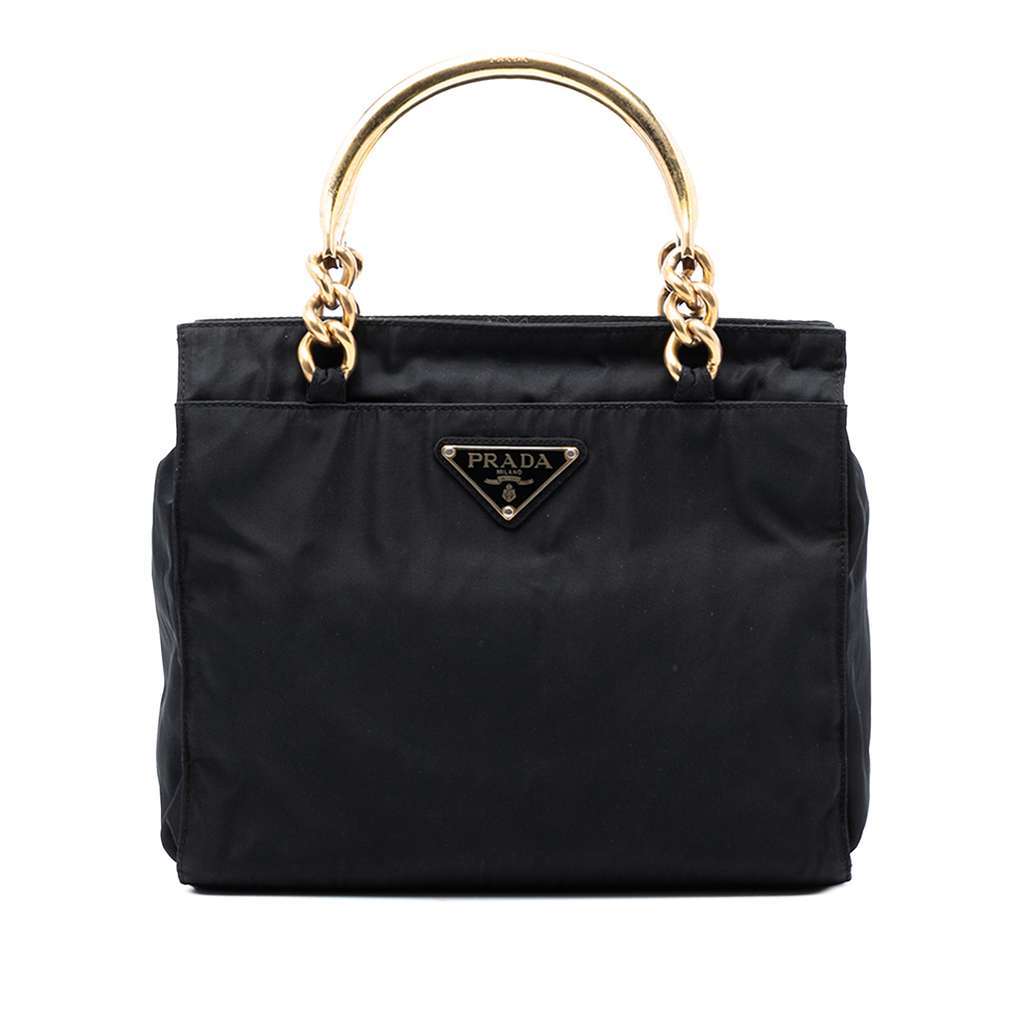 Prada Tessuto Metal Handle Bag Black Good - Front View