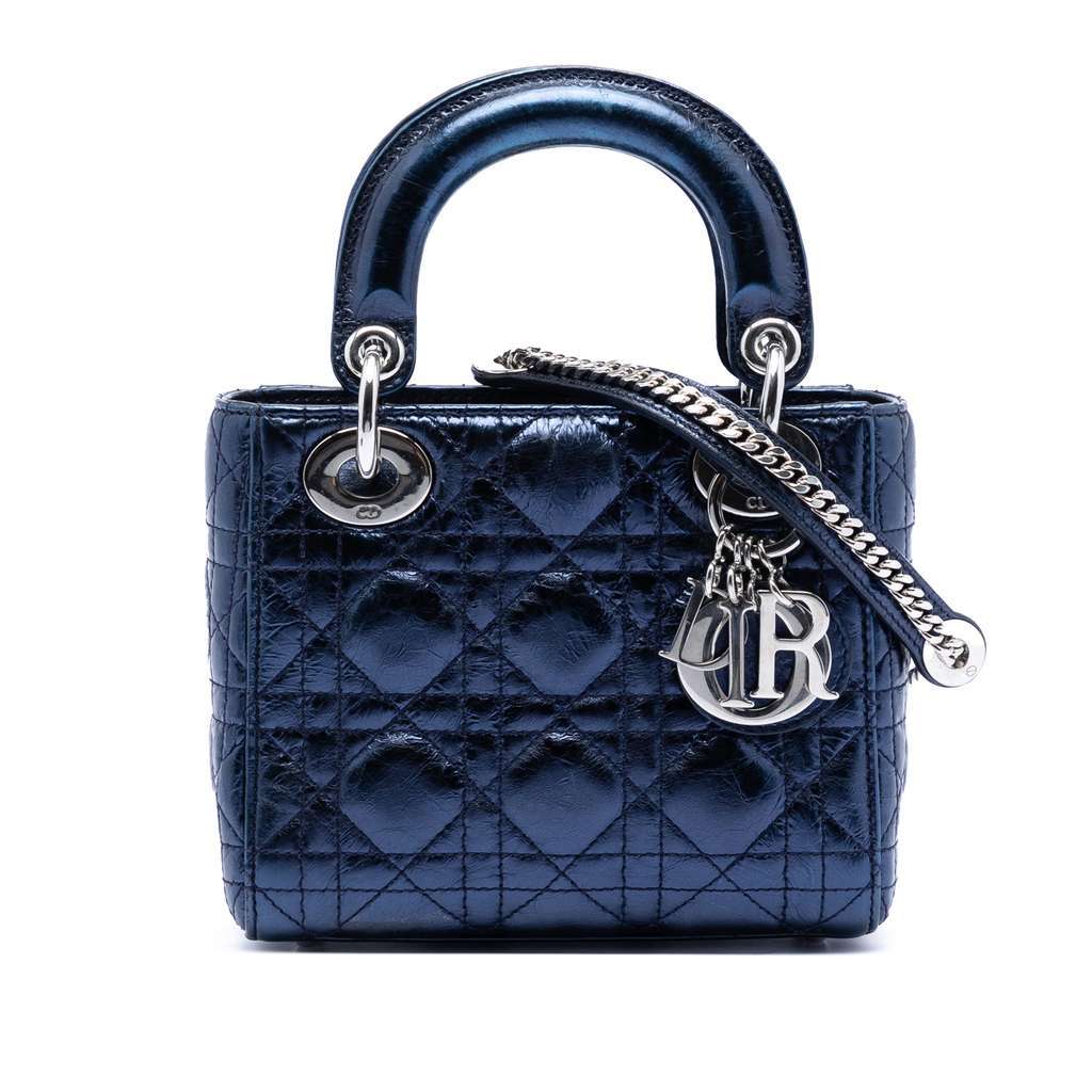 Dior Mini Metallic Calfskin Cannage Lady Dior Blue Leather Very good condition - Front View