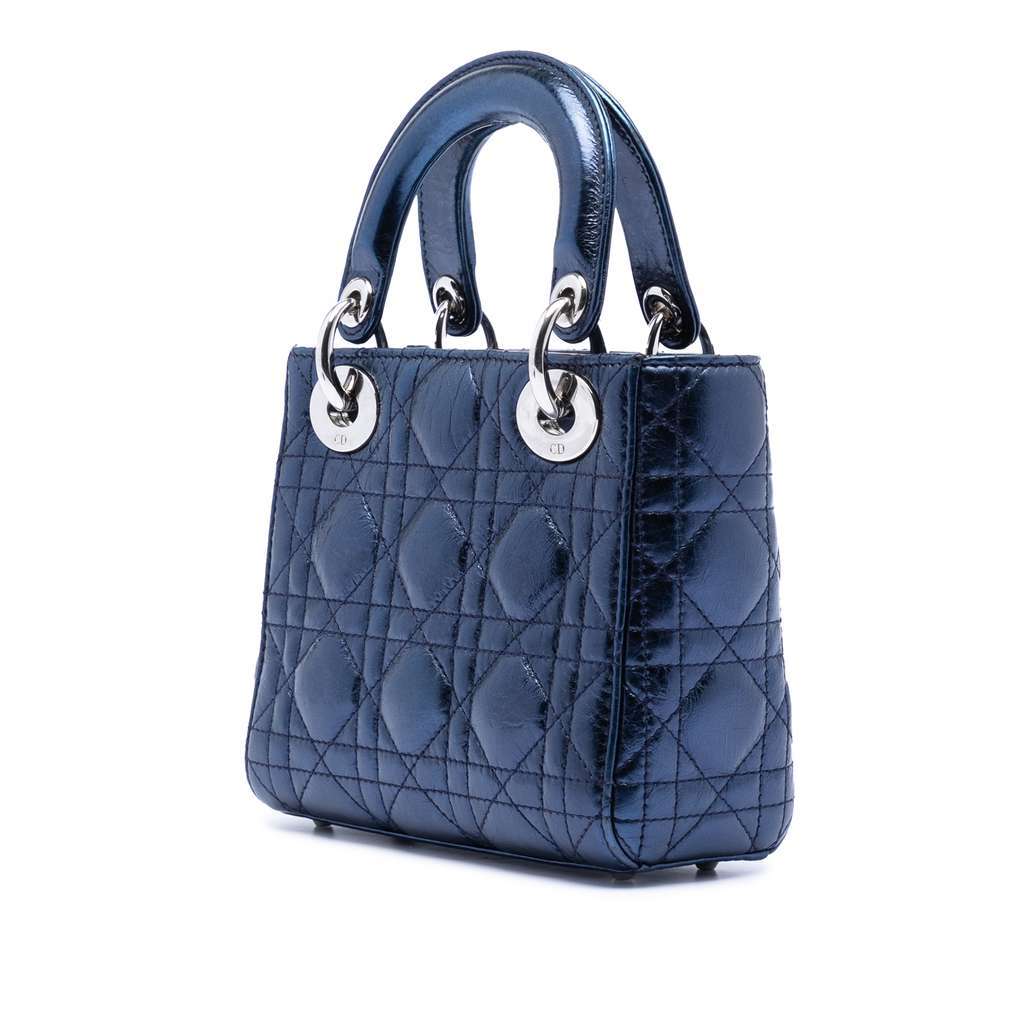 Dior Mini Metallic Calfskin Cannage Lady Dior Blue Leather Very good condition - Back View