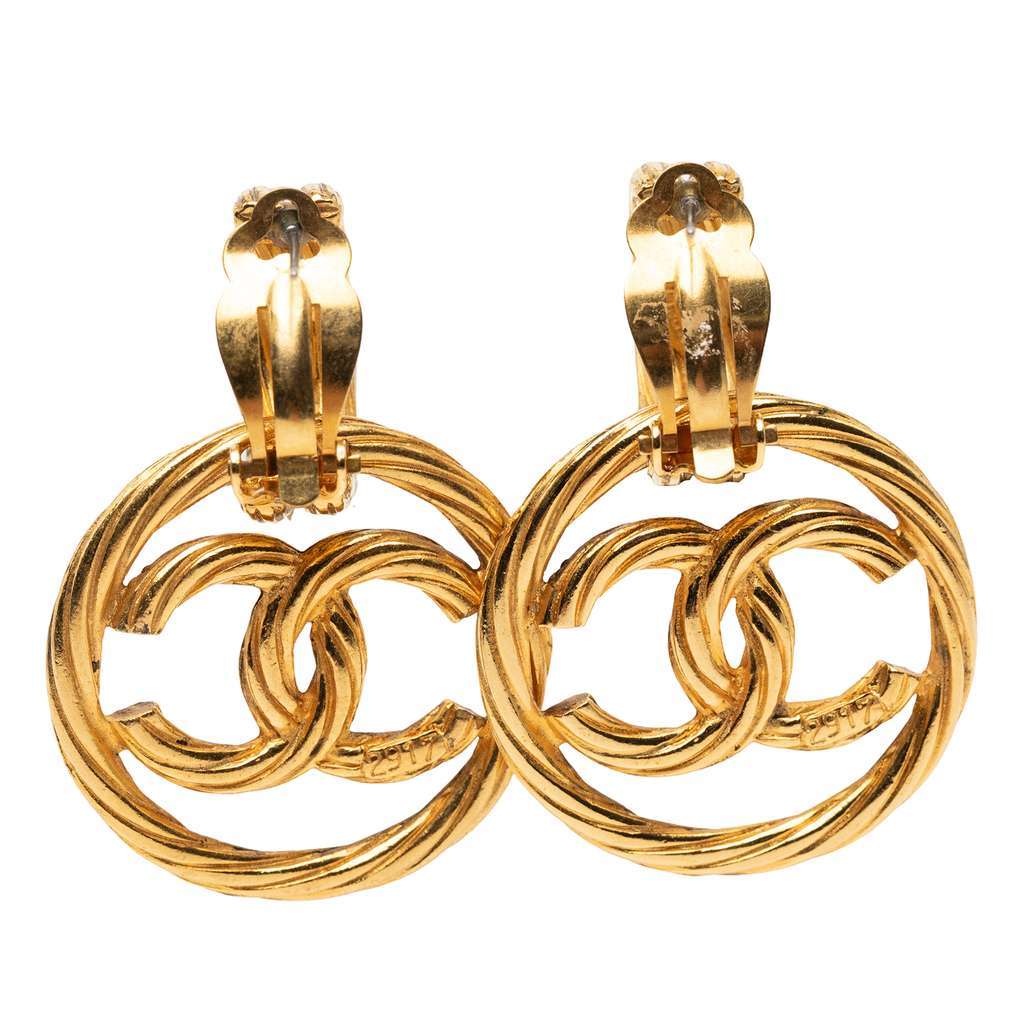 Chanel CC Gold Plated Hoop Drop Clip On Earrings Gold Metal Good condition - Back View