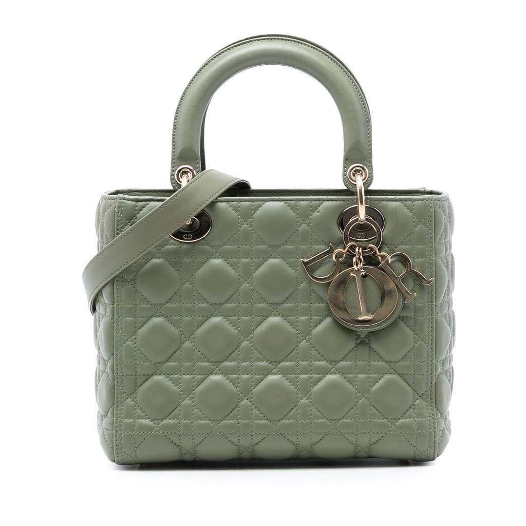 Dior Medium Lambskin Cannage Lady Dior Green Leather Very good condition - Front View