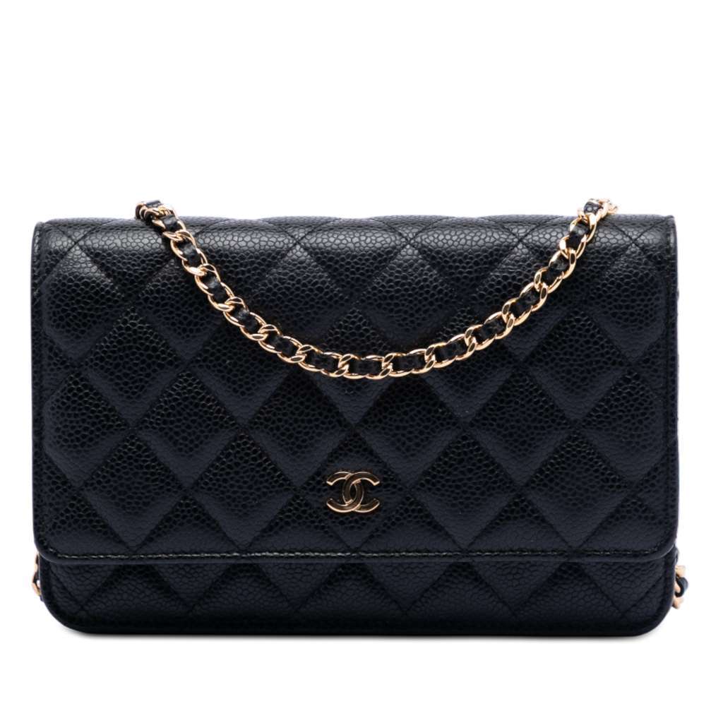Chanel CC Quilted Caviar Wallet on Chain Black Leather Good - Front View