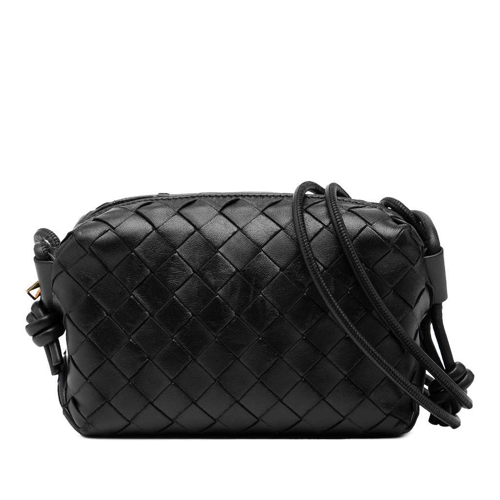 Bottega Veneta Mini Lambskin Intrecciato Loop Camera Bag Black Leather Good - Front View