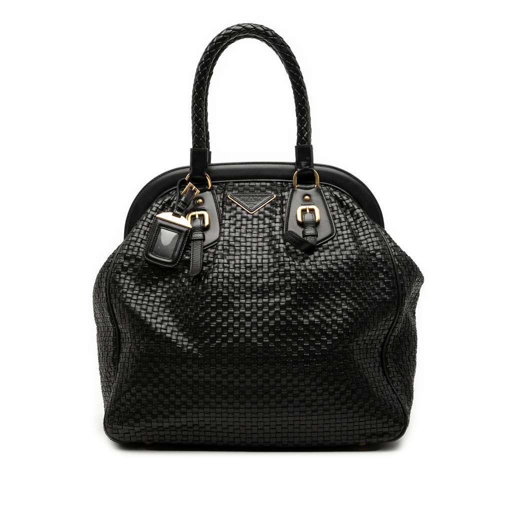 Prada Goatskin Woven Madras Frame Tote Black Leather Very good condition - Front View