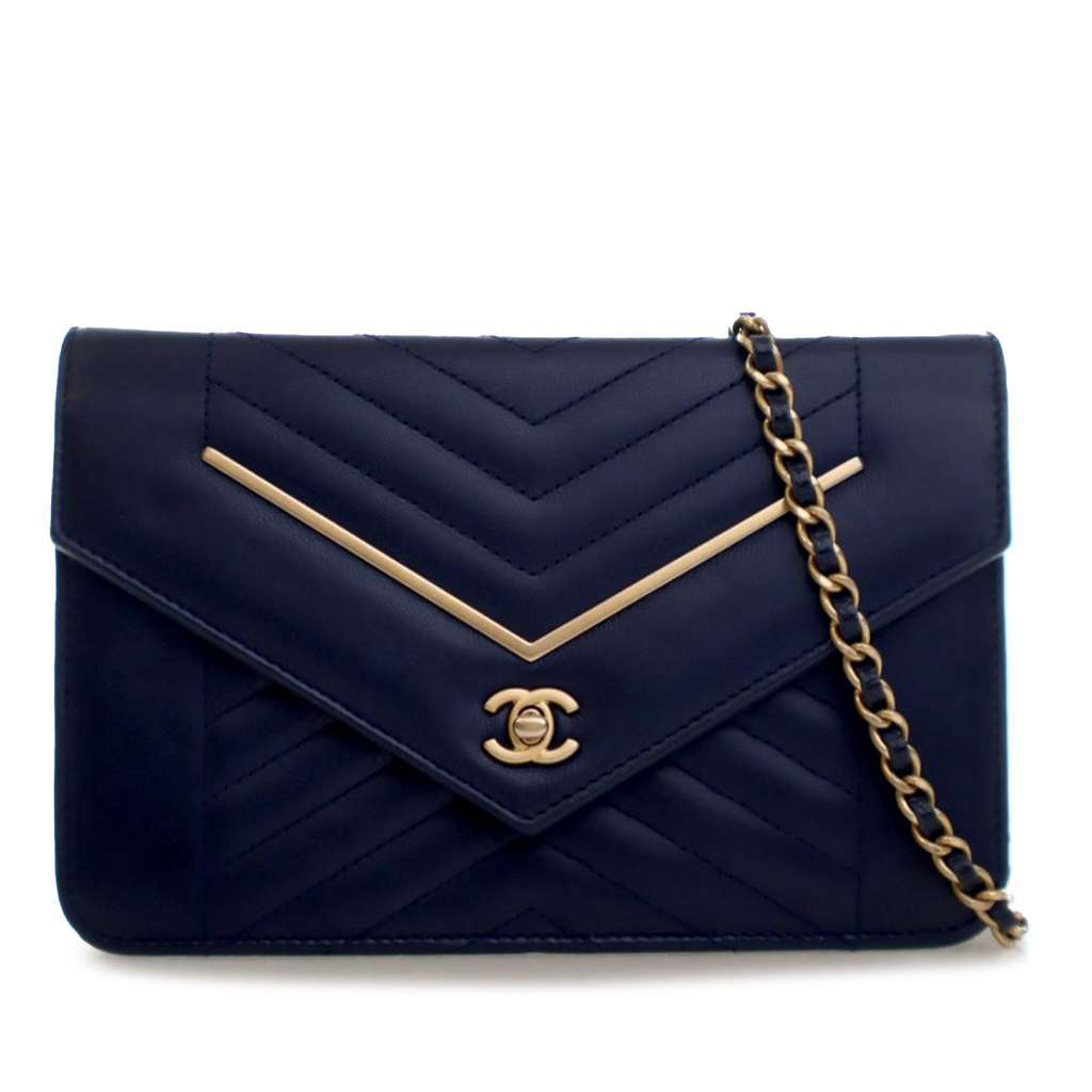 Chanel Reversed Chevron Lambskin Wallet on Chain Blue Leather Good - Front View