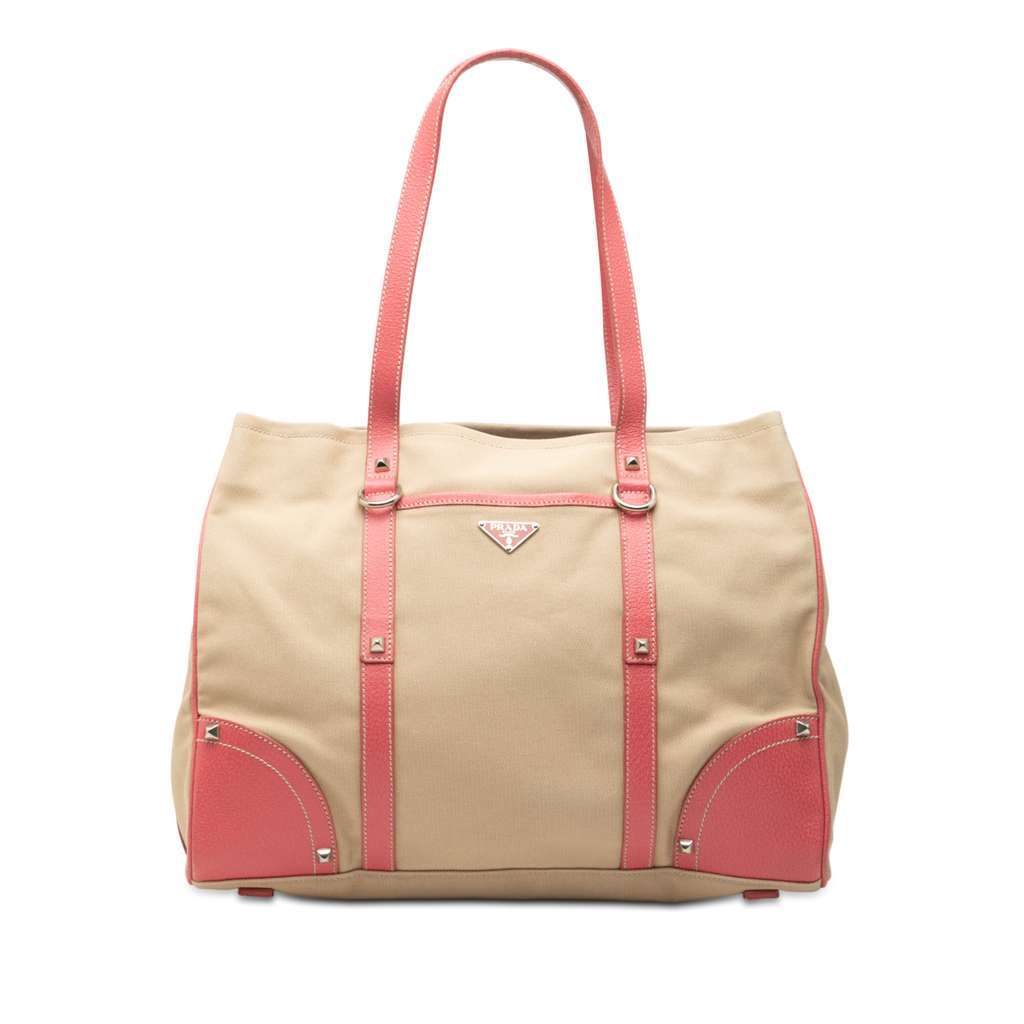 Prada Studded Leather Trimmed Canvas Front Pocket Tote Brown Canvas Very good - Front View