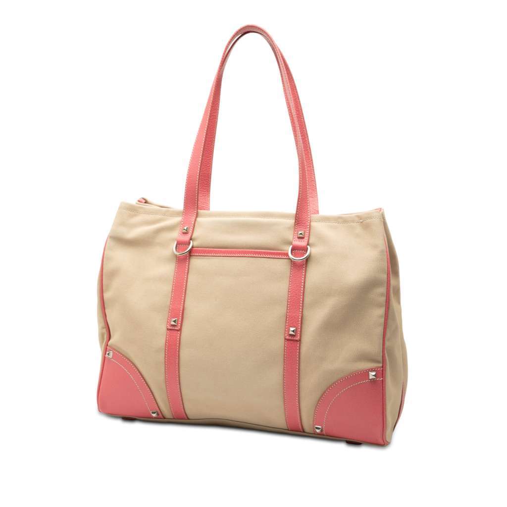Prada Studded Leather Trimmed Canvas Front Pocket Tote Brown Canvas Very good - Back View