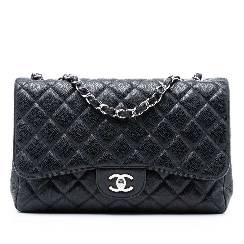 Chanel Jumbo Classic Caviar Single Flap Black Leather Very good condition - Front View