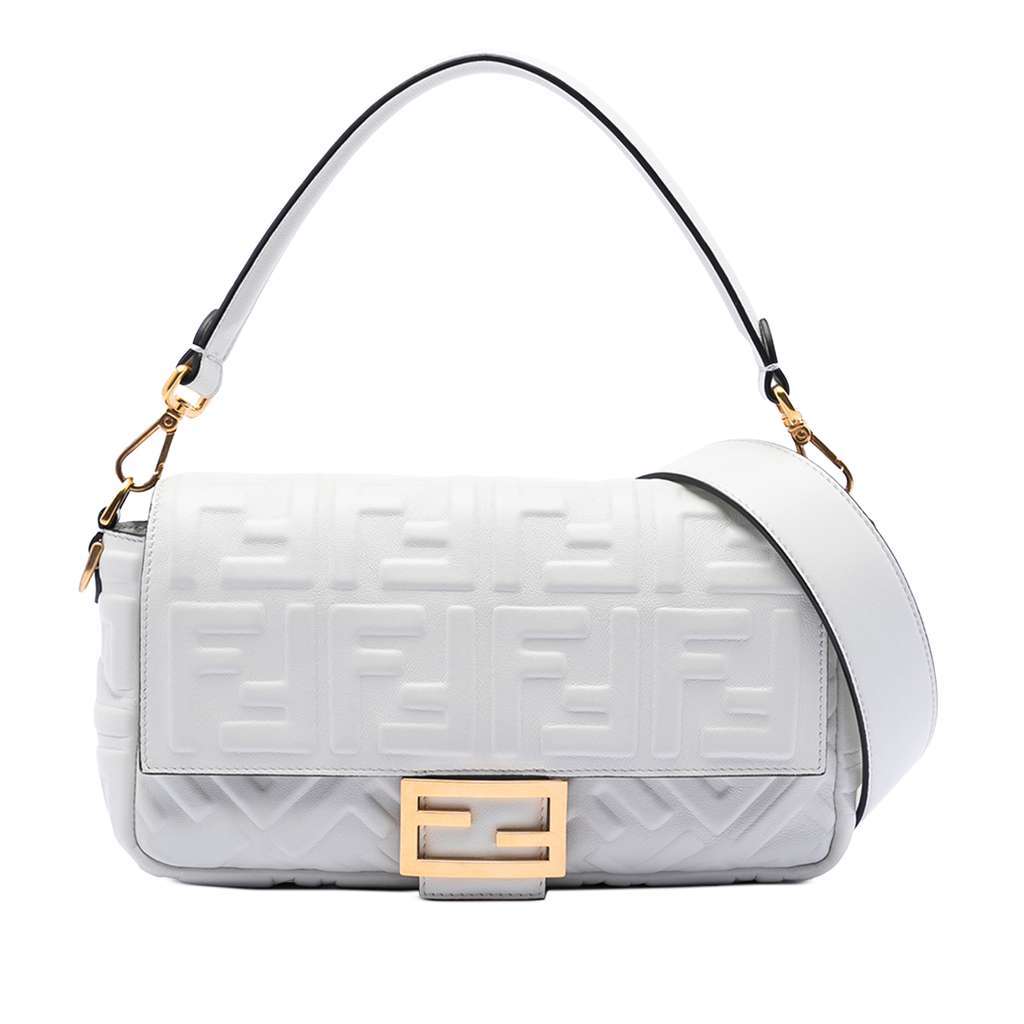 Fendi Zucca Embossed Leather Baguette Satchel White Leather Good - Front View
