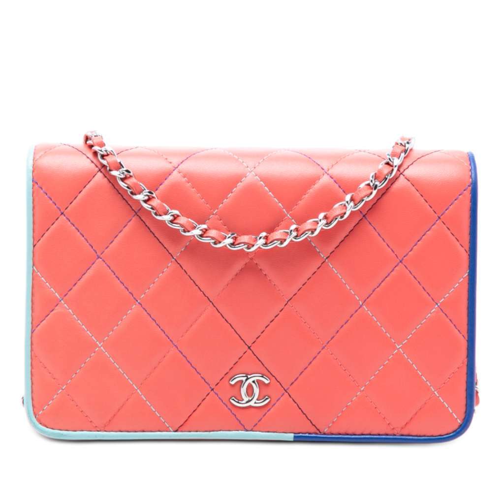 Chanel CC Quilted Lambskin Multicolor Border Full Flap Wallet on Chain Pink Leather Very good condition - Front View