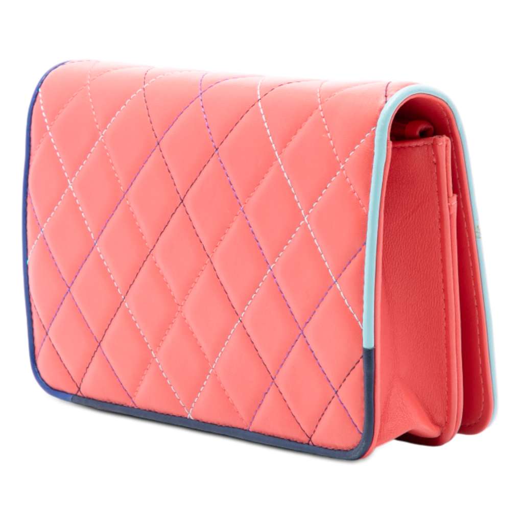 Chanel CC Quilted Lambskin Multicolor Border Full Flap Wallet on Chain Pink Leather Very good condition - Back View