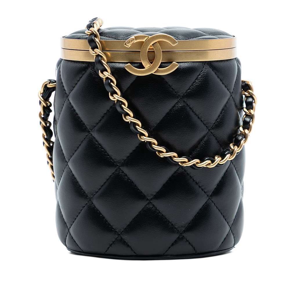 Chanel Mini Quilted Lambskin Crown Box Bag Black Leather Good - Front View