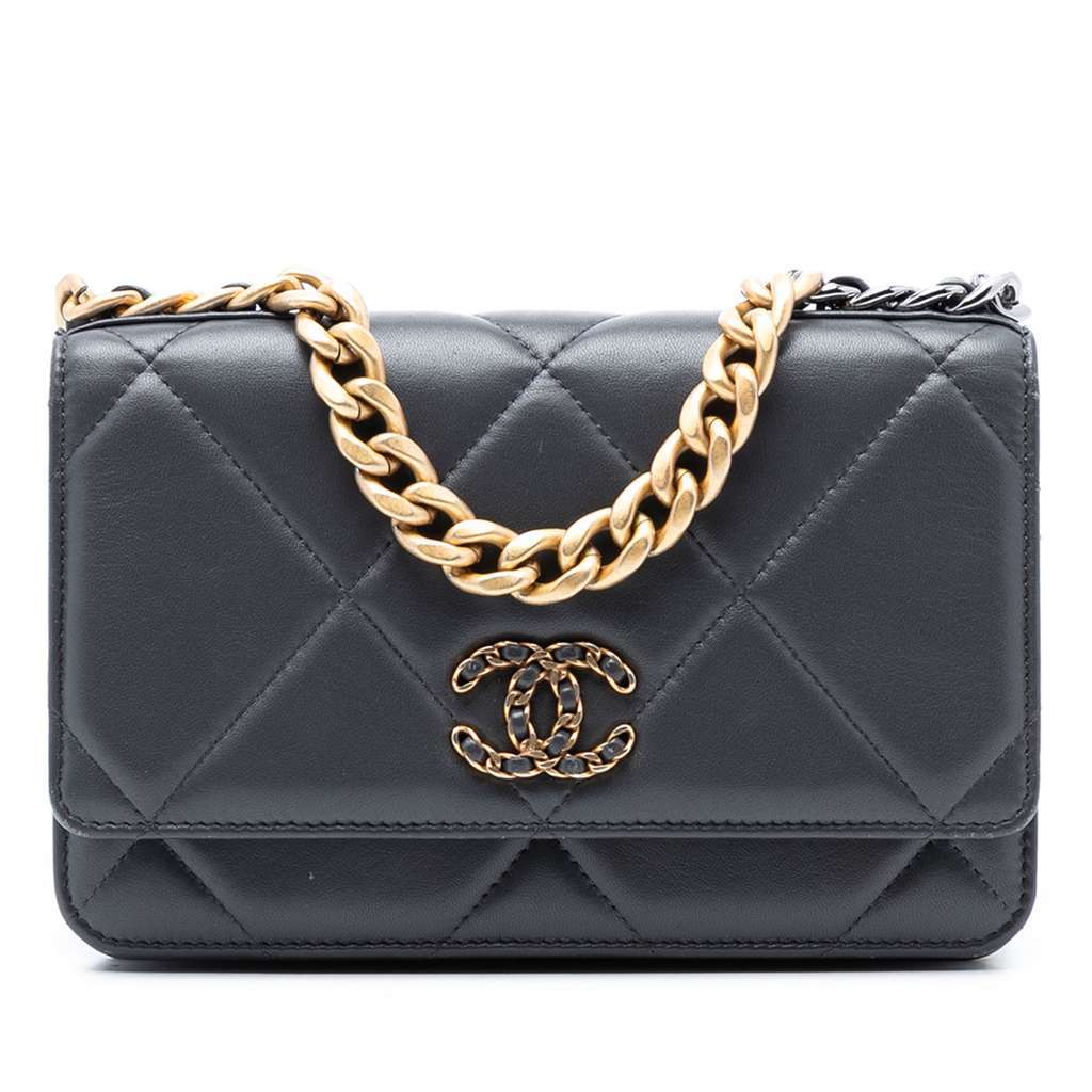 Chanel Quilted Lambskin 19 Wallet on Chain Grey Leather Good - Front View