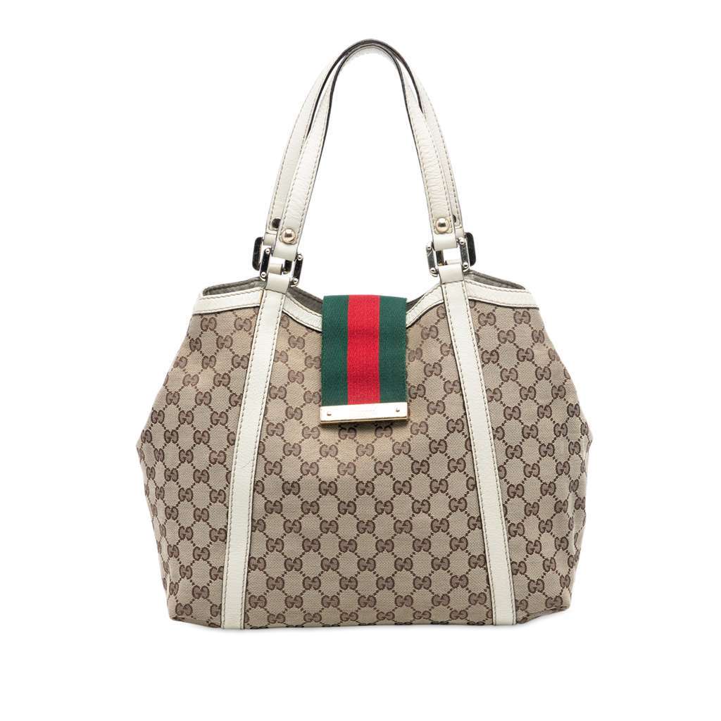 Gucci GG Canvas Web New Ladies Tote Brown Canvas Good - Front View