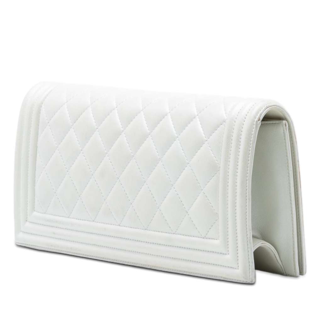 Chanel Quilted Lambskin Boy Flap Clutch White Leather Very good condition - Back View