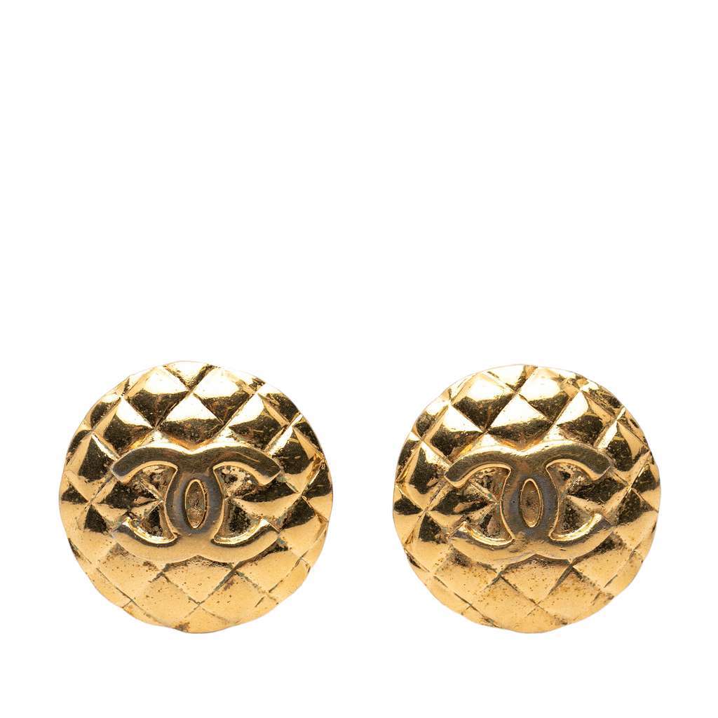 Chanel CC Quilted Gold Plated Round Clip on Earrings Gold Metal Very good - Front View