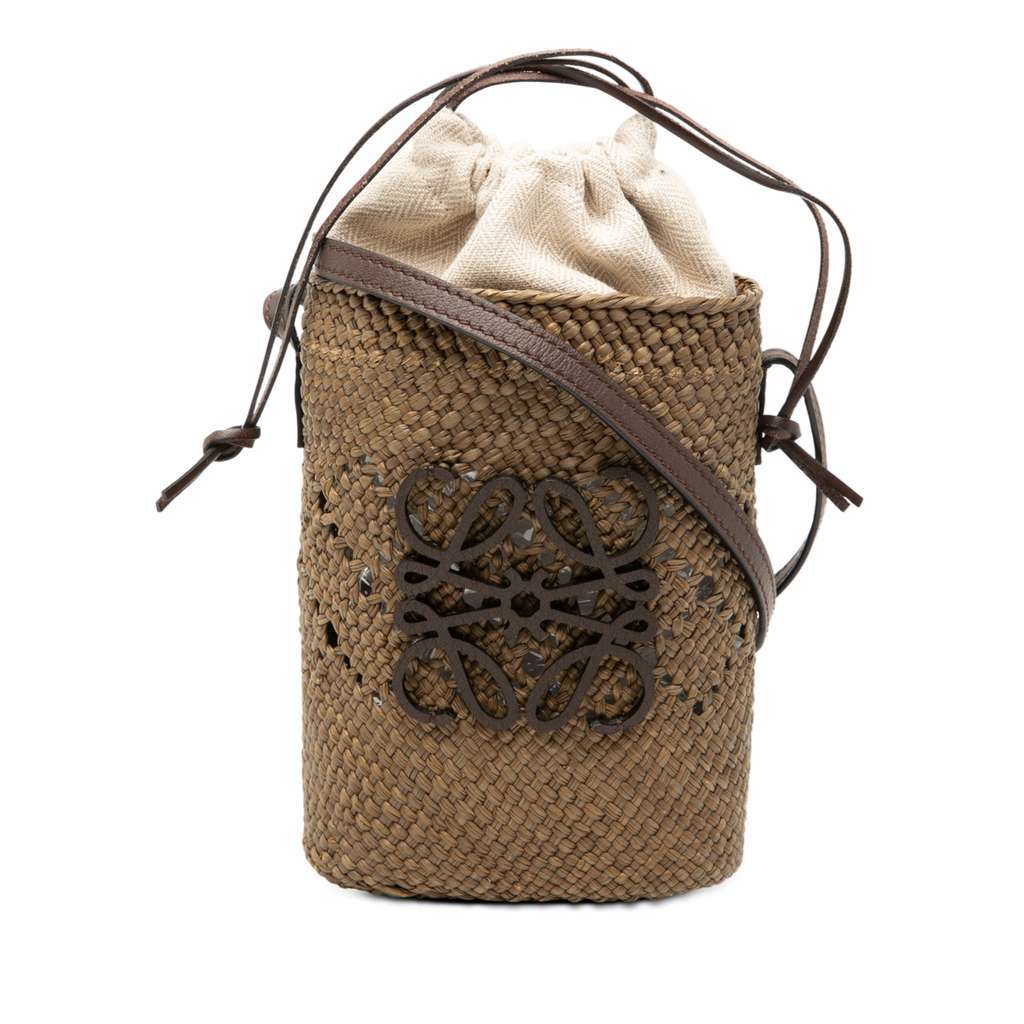 Loewe Paulas Ibiza Anagram Raffia Square Bucket Bag Green Very good condition - Front View