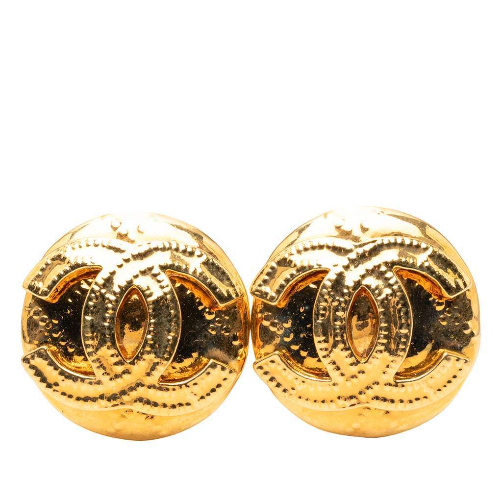 Chanel Gold Plated CC Round Clip on Earrings Gold Metal Very good - Front View