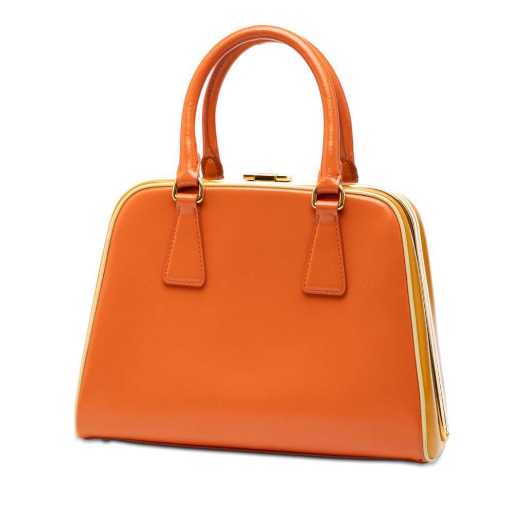 Prada Bicolor Saffiano Vernice Pyramid Frame Handbag Orange Leather Very good condition - Back View