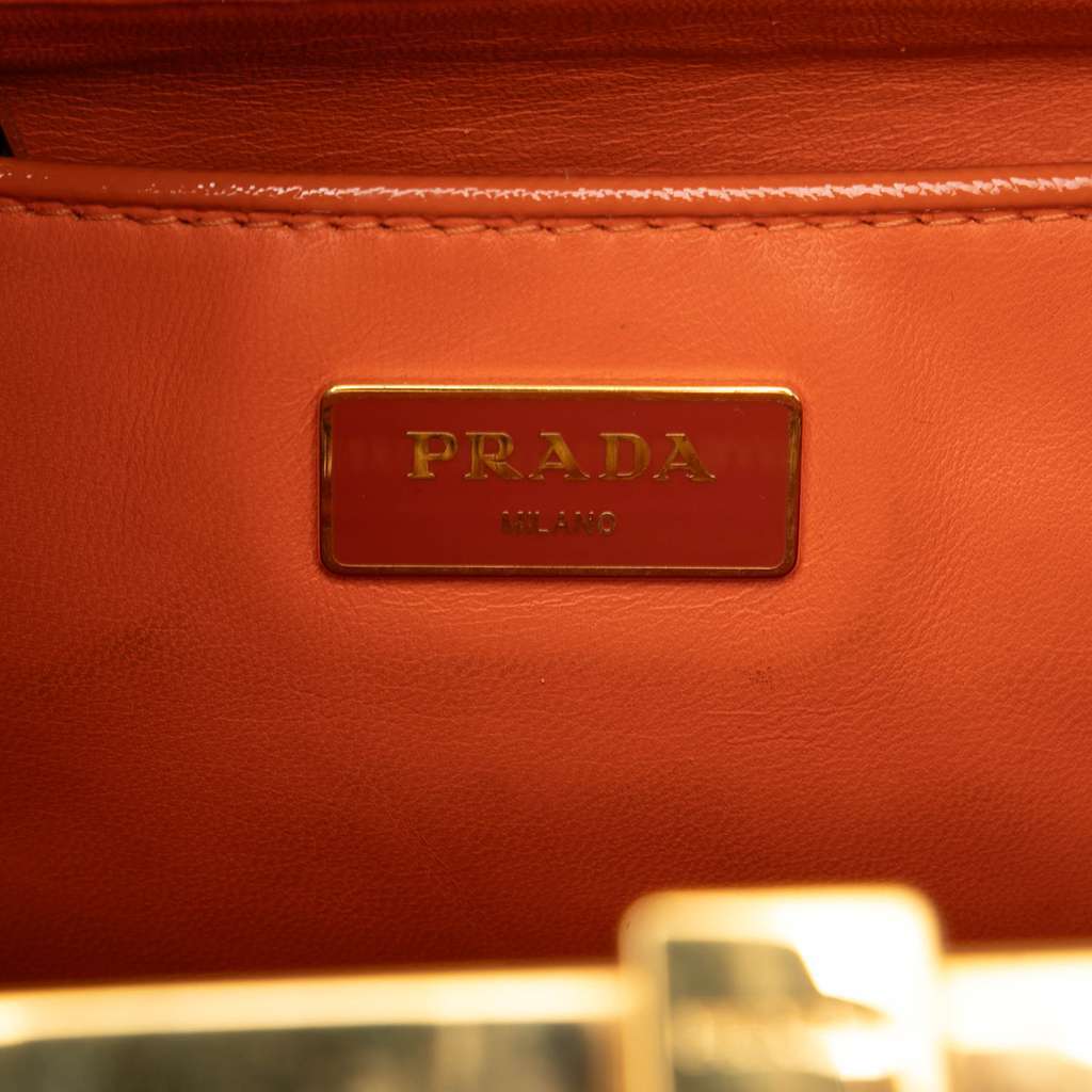 Prada Bicolor Saffiano Vernice Pyramid Frame Handbag Orange Leather Very good condition - Box View