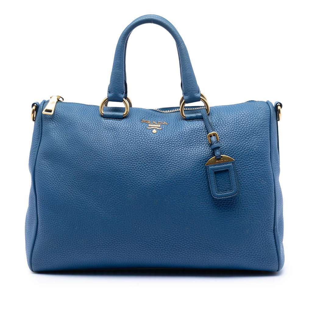 Prada Vitello Daino Zip Top Satchel Blue Leather Very good - Front View