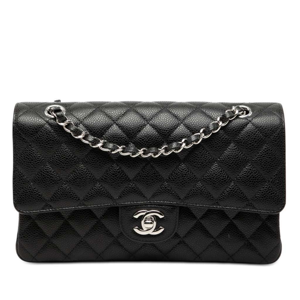 Chanel Medium Classic Caviar Double Flap Black Leather Good - Front View