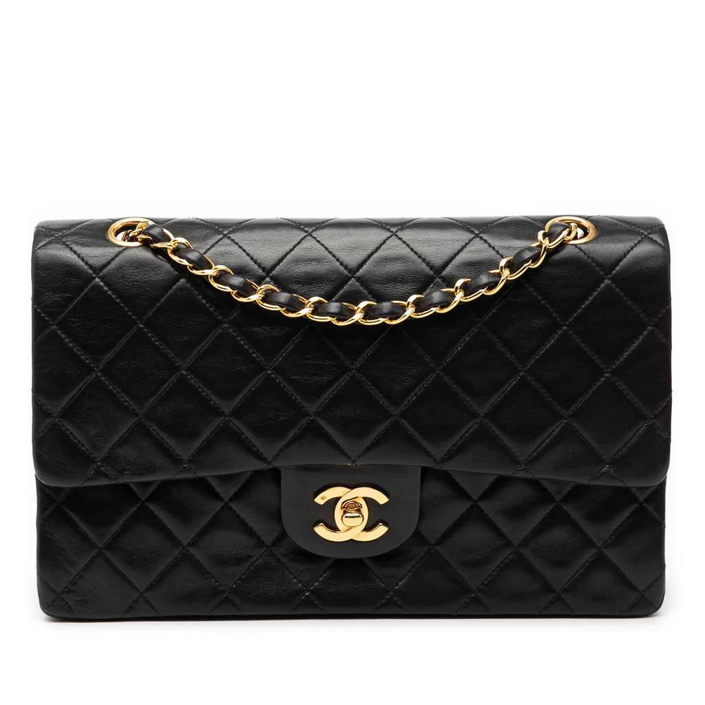 Chanel Medium Classic Lambskin Double Flap Black Leather Good - Front View